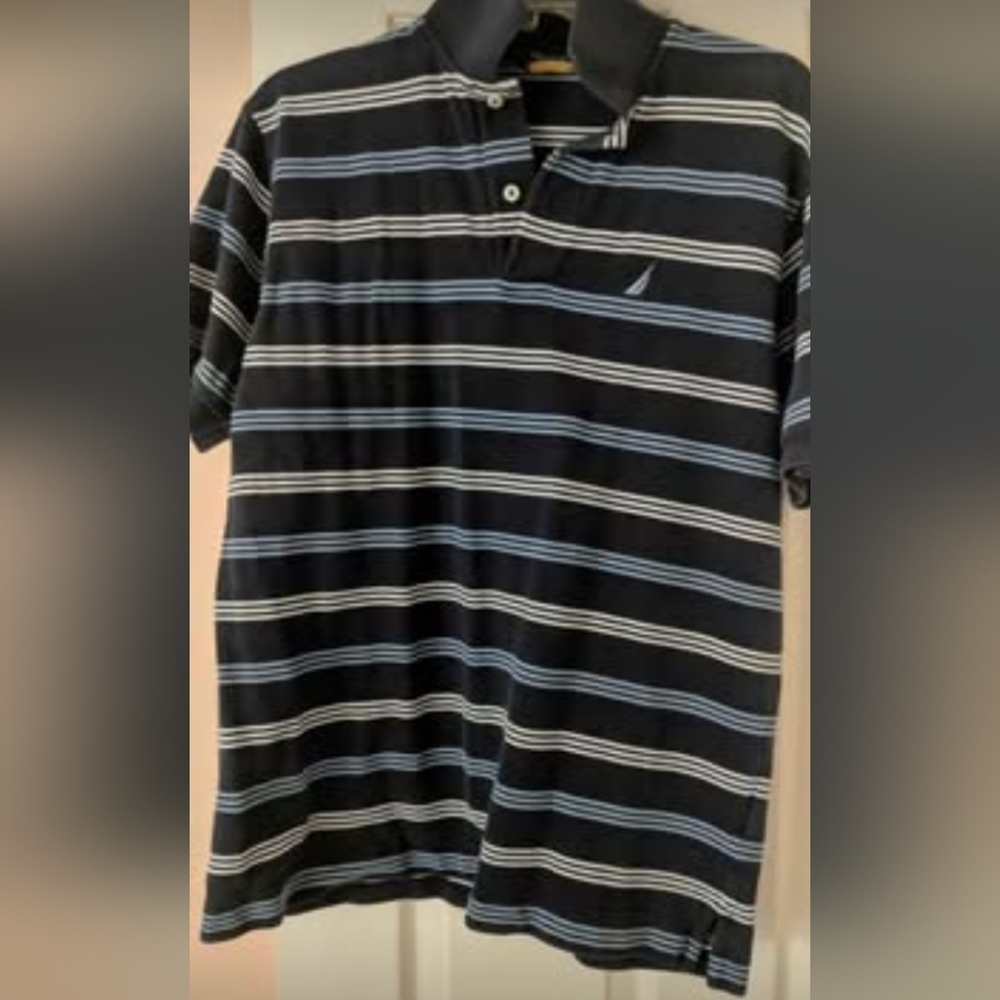 Nautica Collared button shirt, M, Boys, navy blue and white striped lightly used
